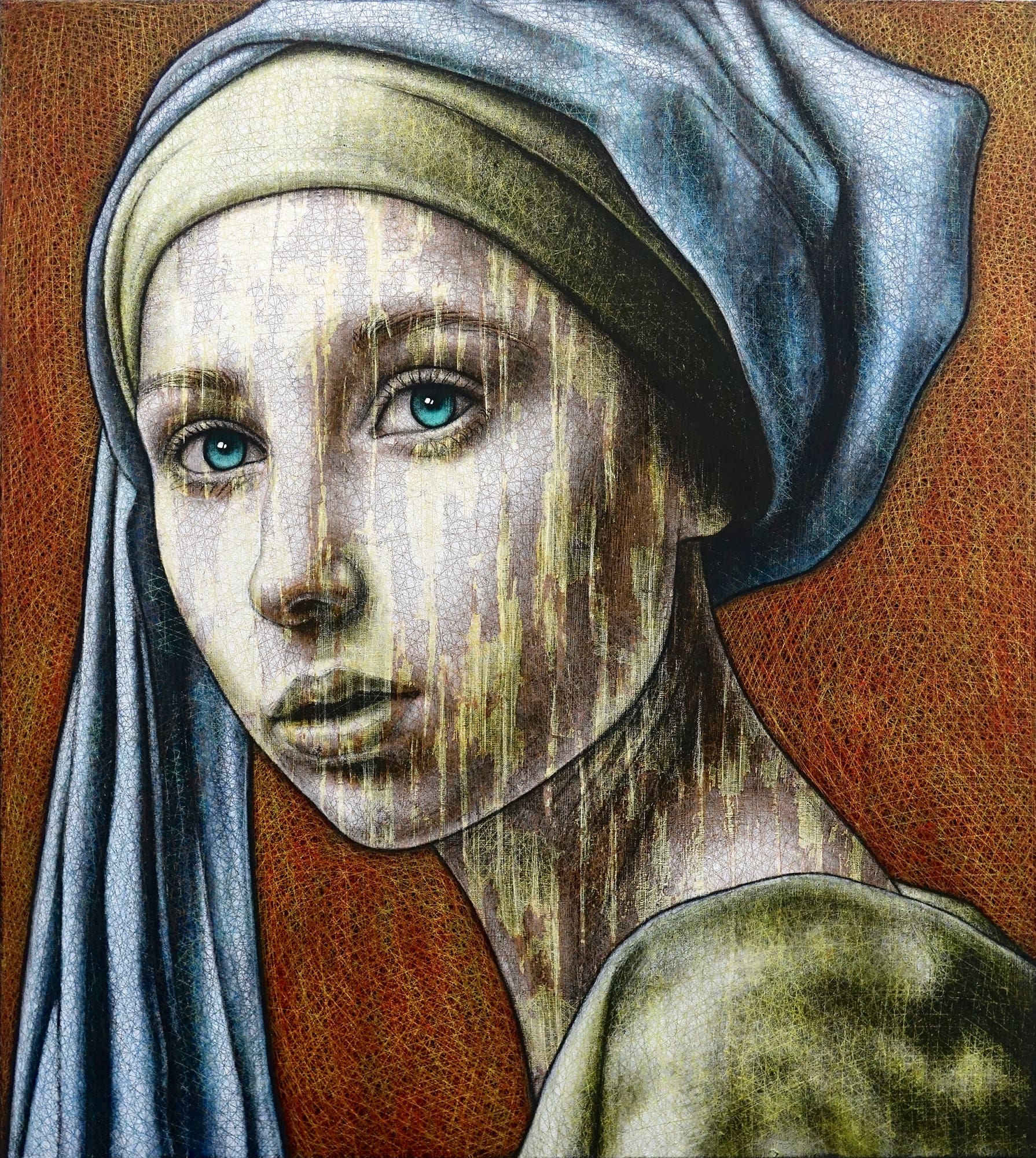 Peinture à l'huile sur toile par l'artiste Rémi Planche représentant une femme avec un foulard