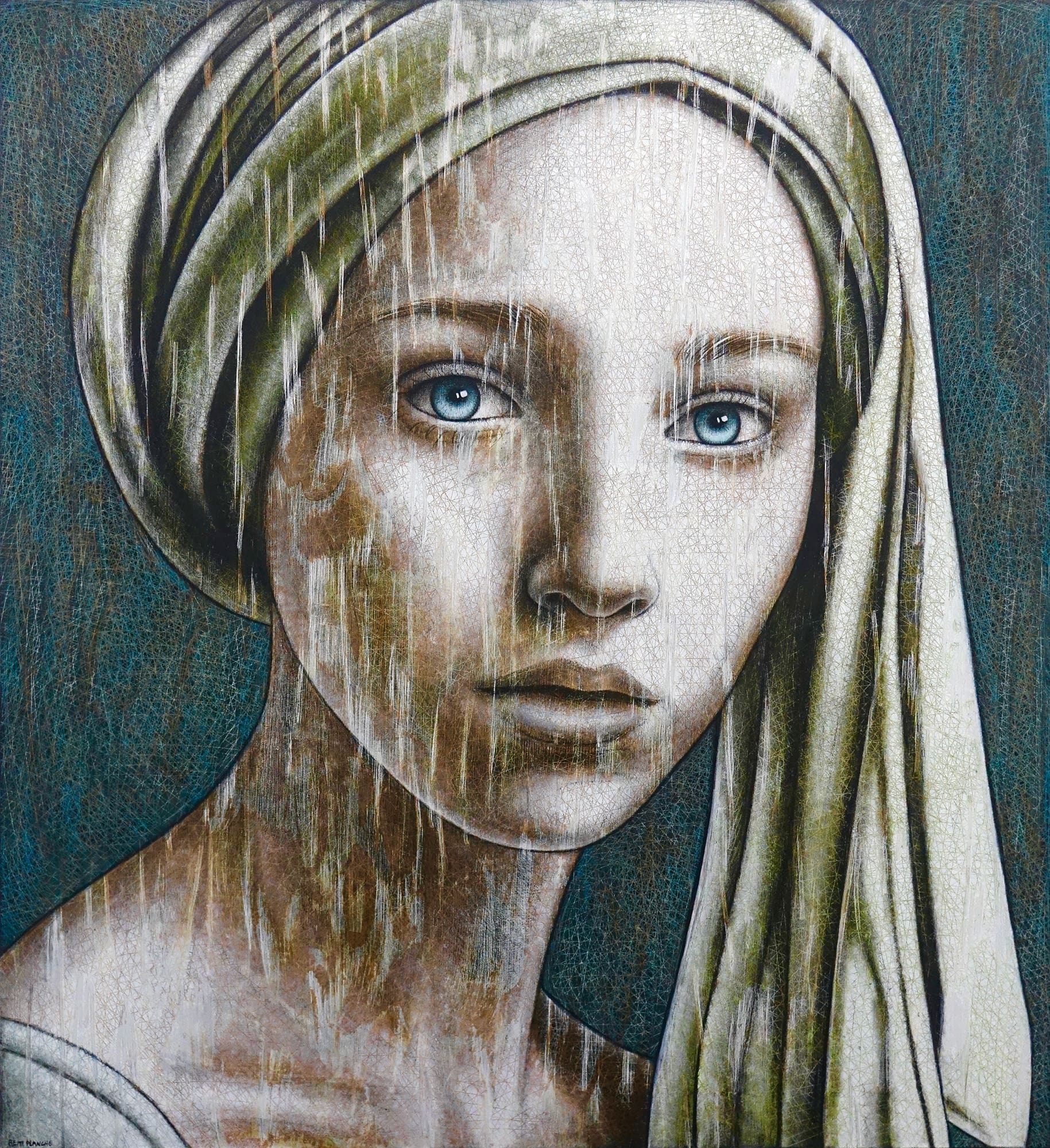 Peinture à l'huile sur toile par l'artiste Rémi Planche représentant une femme avec un foulard