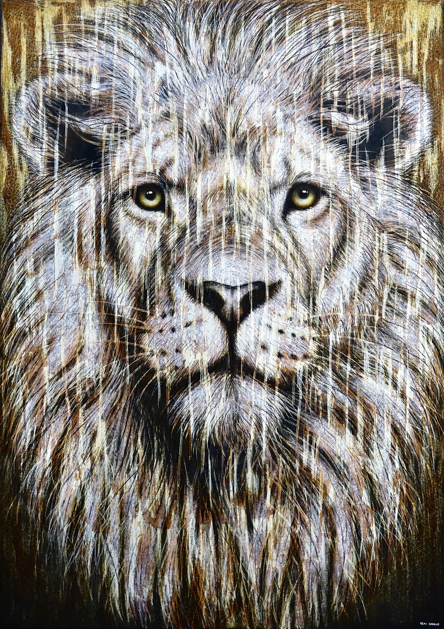 Peinture à l'huile sur toile par l'artiste Rémi Planche représentant un lion de face