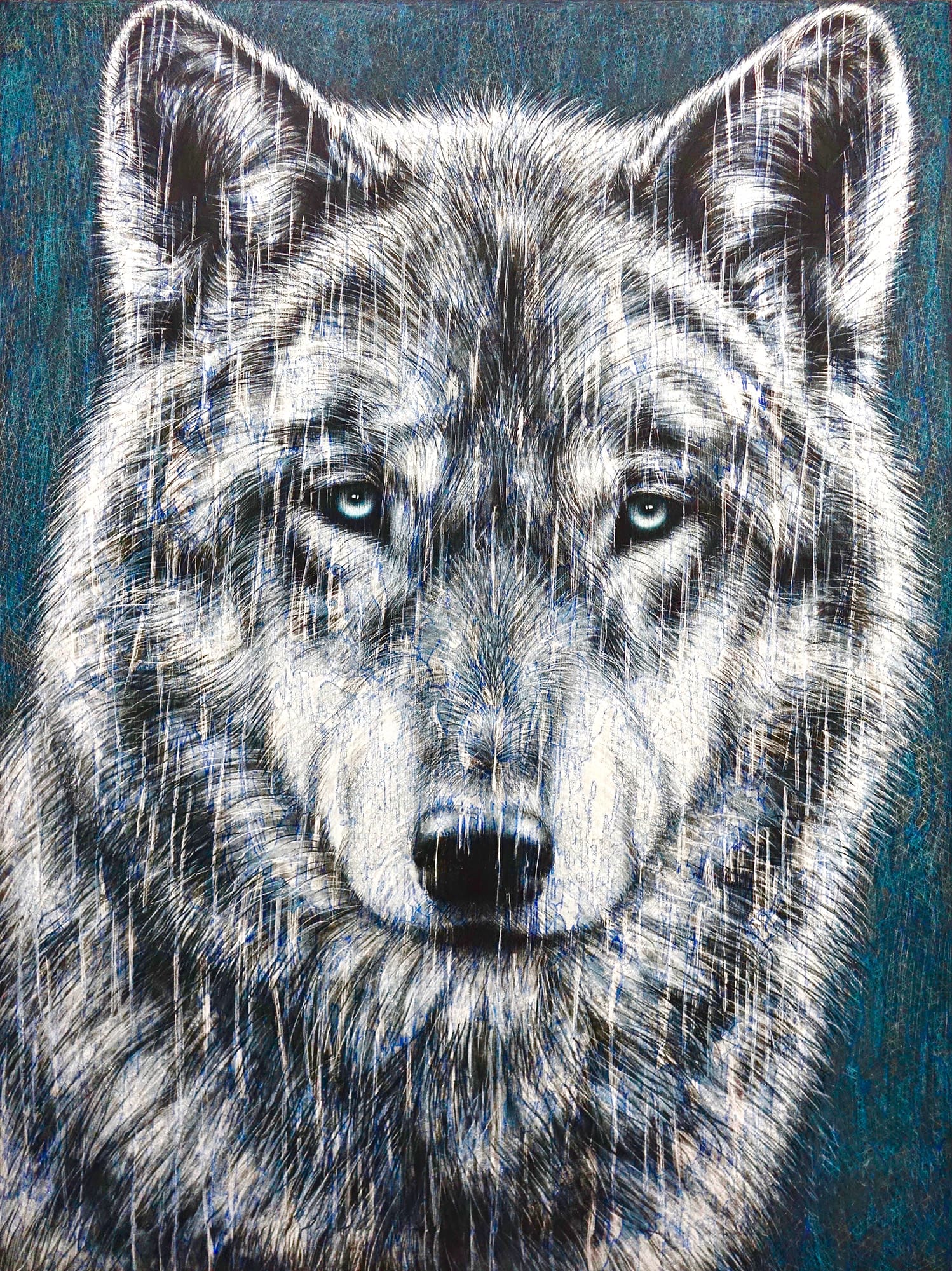 Peinture à l'huile sur toile par l'artiste Rémi Planche représentant un loup de face