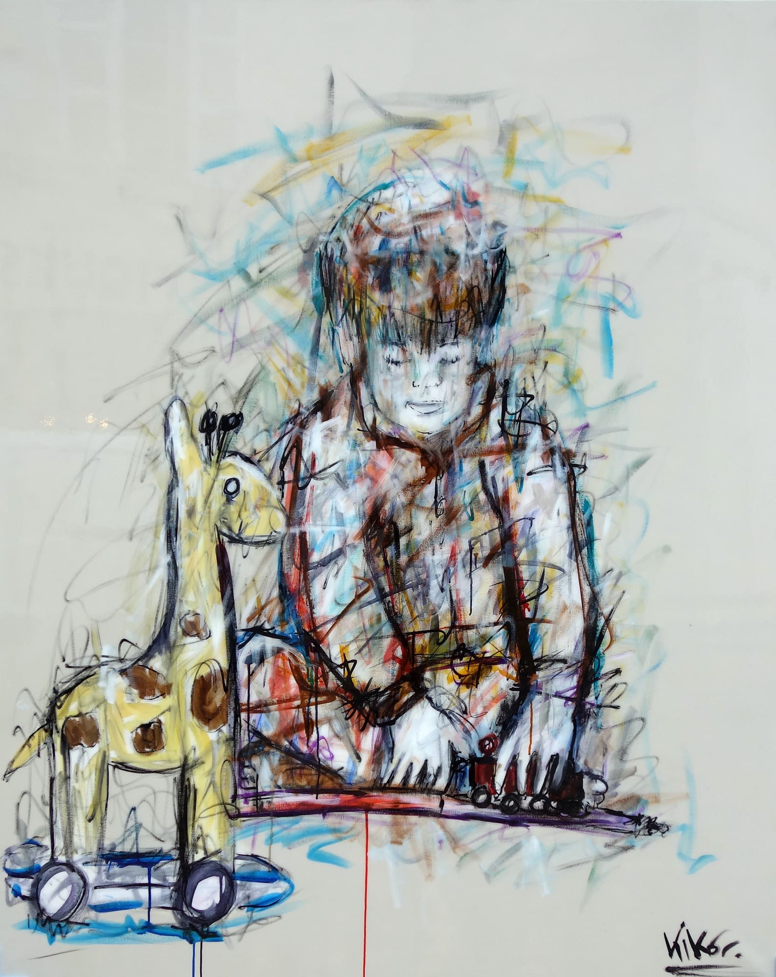 Peinture d'un garçon et une girafe par Kiko