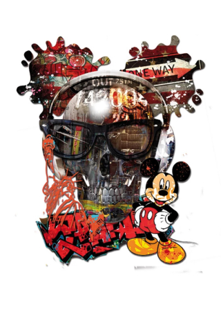 120 x 120 cm - Mecanic skull Sculpture mural d'un crâne et mickey par l'artiste Fabien Novarino