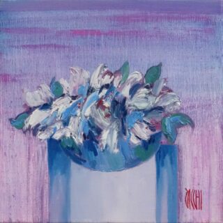 40 x 40 cm | Ciel rose | huile sur toile Peinture d'un bouquet de fleurs par l'artiste Jean-Marie Zacchi