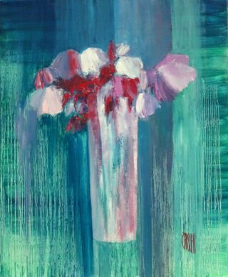 73 x 60 cm | Soir de fête | huile sur toile Peinture d'un bouquet de fleurs par l'artiste Jean-Marie Zacchi