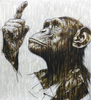 130 x 120 cm | Homo Novus V | huile sur toile Peinture à l'huile sur toile par l'artiste Rémi Planche représentant un chimpanzé