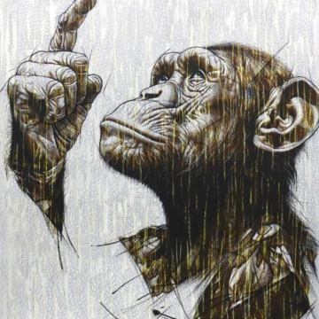 130 x 120 cm | Homo Novus V | huile sur toile Peinture à l'huile sur toile par l'artiste Rémi Planche représentant un chimpanzé