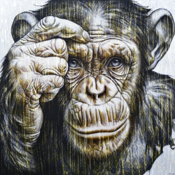 130 x 130 cm | Homo Novus VII | huile sur toile Peinture à l'huile sur toile par l'artiste Rémi Planche représentant un chimpanzé