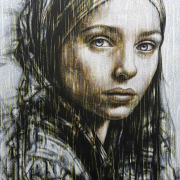 150 x 100 cm | Cendra | huile sur toile Peinture à l'huile sur toile par l'artiste Rémi Planche représentant une femme avec un foulard