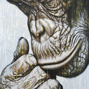 150 x 90 cm | Homo Novus X | huile sur toile Peinture à l'huile sur toile par l'artiste Rémi Planche représentant un chimpanzé