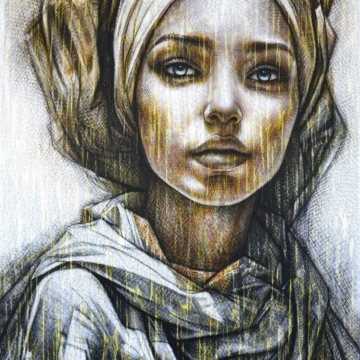 170 x 120 cm | Hélia | huile sur toile Peinture à l'huile sur toile par l'artiste Rémi Planche représentant une femme avec un foulard