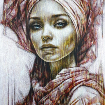 200 x 130 cm | Hestia | huile sur toile Peinture à l'huile sur toile par l'artiste Rémi Planche représentant une femme avec un foulard