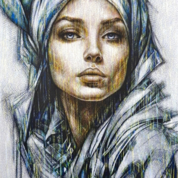 200 x 130 cm | Nausicaa | huile sur toile Peinture à l'huile sur toile par l'artiste Rémi Planche représentant une femme avec un foulard