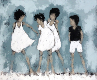 120 x 100 cm | #221022 Peinture acrylique sur toile par l'artiste Marie Palazzo représentant un groupe d'enfants
