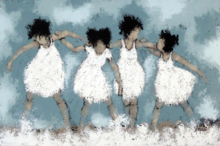 146 x 97 cm | #220623 | acrylique sur toile Peinture acrylique sur toile par l'artiste Marie Palazzo représentant un groupe d'enfants