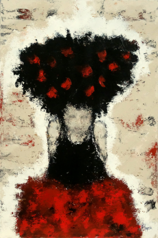 80 x 120 cm | #231005 Peinture acrylique sur toile par l'artiste Marie Palazzo représentant une jeune femme en robe rouge et cheveux noirs.