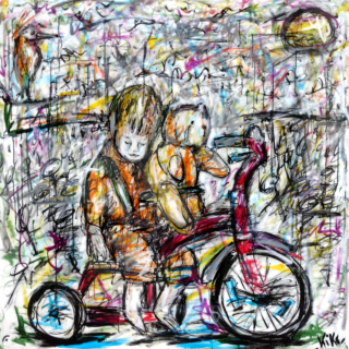 150 x 150 cm - Le tricycle - encre de chine et résine sur toile Peinture d'un garçon sur un tricycle par Kiko