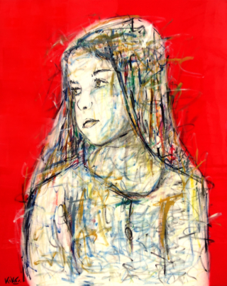162 x 130 cm - Compassion - encre de chine et résine sur toile Peinture d'une jeune fille par Kiko