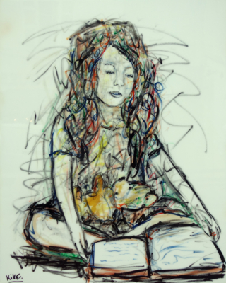 162 x 130 cm - Histoire du soir - encre de chine et résine sur toile Peinture d'une jeune fille par Kiko