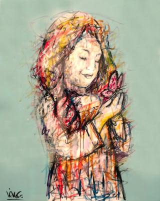 162 x 130 cm - Mon papillon - encre de chine et résine sur toile Peinture d'une fille avec un papillon par Kiko