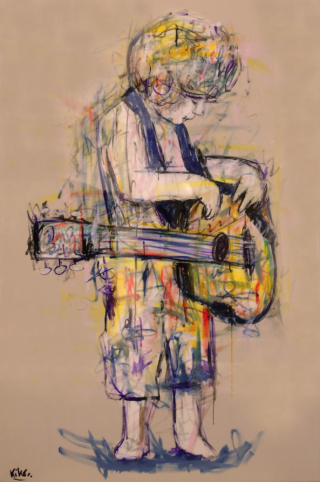195 x 130 cm - Guitariste - encre de chine et résine sur toile Peinture d'un garçon avec sa guitare par Kiko