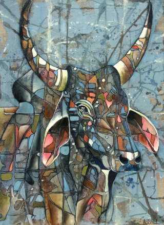 100x73 cm - Zébu II - huile sur toile peinture d'une tête de Zébu par Frédérique Assaël