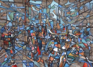 73 x 100 cm | Tumulte I | huile sur toile Peinture à l'huile d'une scène de genre par l'artiste Frédérique Assaël