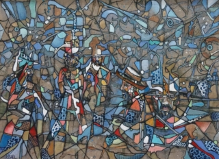 73 x 100 cm | Tumulte II | huile sur toile Peinture à l'huile d'une scène de genre par l'artiste Frédérique Assaël