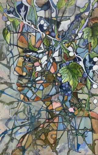 92 x 60 cm - Dryade III - huile sur toile Peinture d'un profil de dryade par Frédérique Assaël